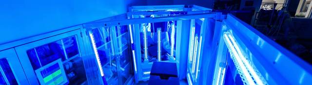 Hospital examination table being treated with UV light for sterilization